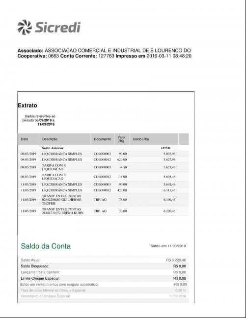 CONTA BANCÁRIA ATUALIZADA EM: 11/03/2019