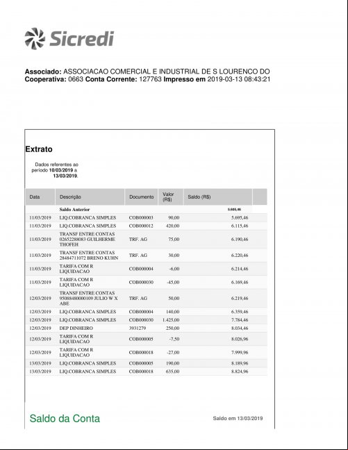 CONTA BANCÁRIA ATUALIZADA EM: 13/03/2019