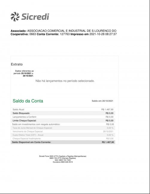 CONTA BANCÁRIA ATUALIZADA EM 28/10/2021